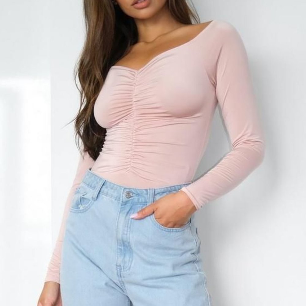 Missguided Petite Rose Slinky Ruched Bust Bodysuit (4, Pink/Mauve)